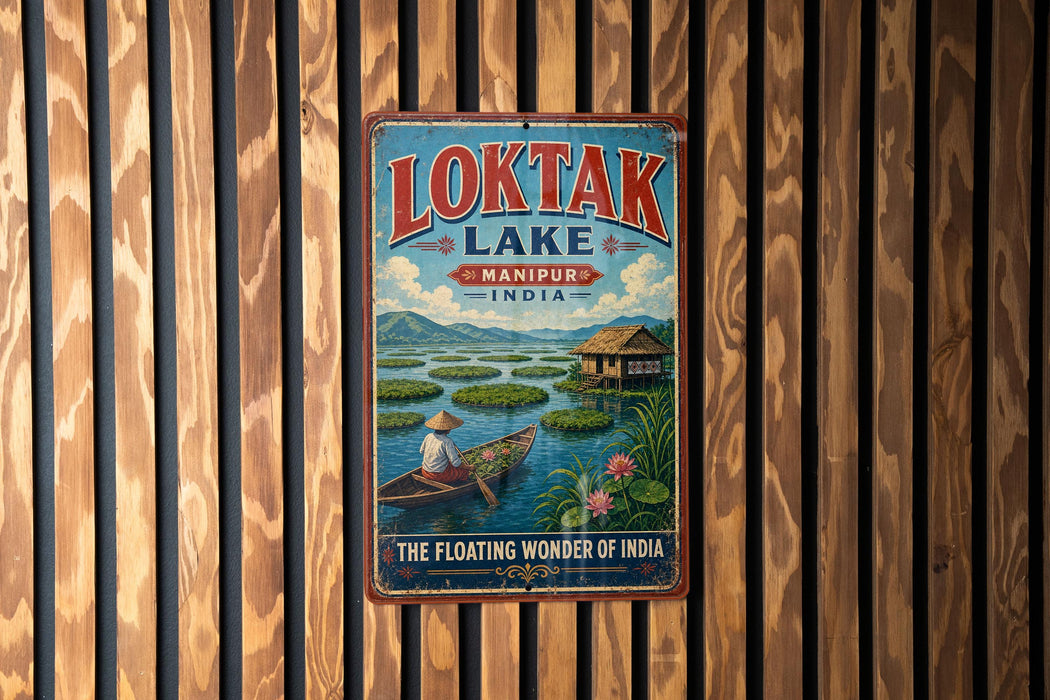 A vintage-style sign for "Loktak Lake" in India, featuring a boat on the water and a person in traditional clothing.