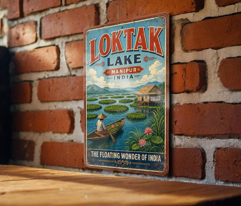 A vintage-style sign for "Loktak Lake" in Manipur, India, featuring a boat on the lake and a person in traditional clothing.