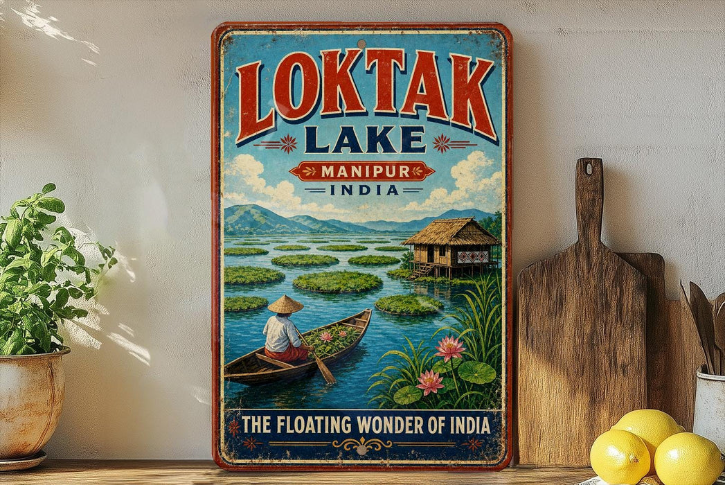 A vintage-style poster of the floating lake in Manipur, India, featuring a person in a boat on the water surrounded by floating lily pads and a wooden hut.