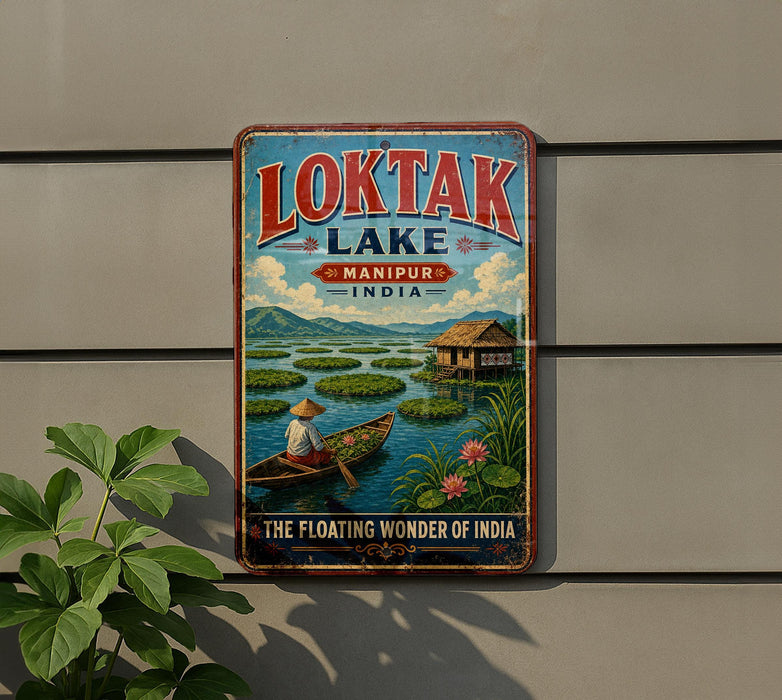 a vintage-style sign for "Loktak Lake" in Manipur, India, depicting a person in a boat on the lake surrounded by floating lily pads and a house.