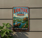 a vintage-style sign for "Loktak Lake" in Manipur, India, depicting a person in a boat on the lake surrounded by floating lily pads and a house.