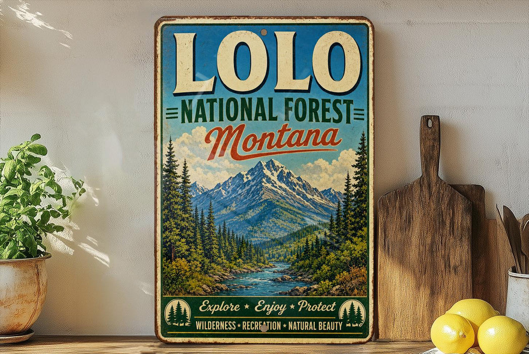 A vintage-style metal sign for Lolo National Forest, Montana, featuring a scenic mountain landscape with pine trees and a river.