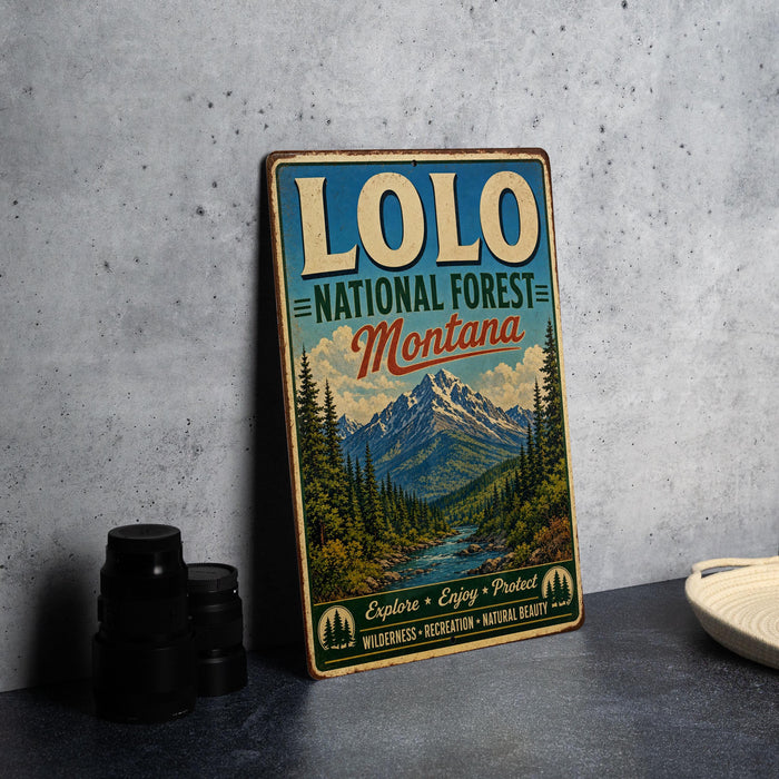 A vintage-style metal sign for the Lolo National Forest in Montana, featuring a scenic mountain landscape and text promoting outdoor exploration and protection of the natural environment.