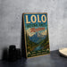A vintage-style metal sign for the Lolo National Forest in Montana, featuring a scenic mountain landscape and text promoting outdoor exploration and protection of the natural environment.