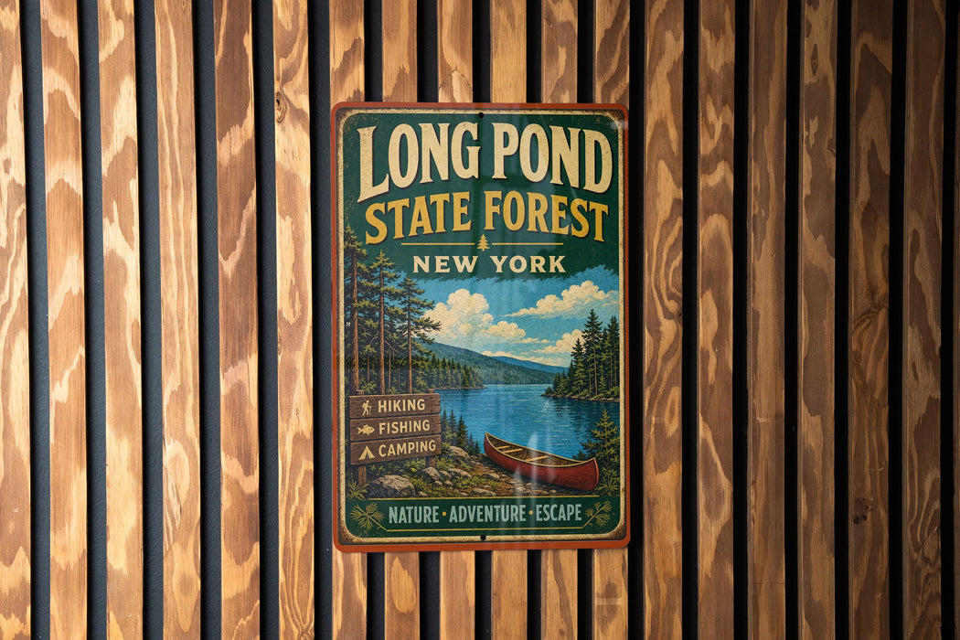 A vintage-style metal sign for Long Pond State Forest in New York, featuring a scenic image of a lake, forest, and canoe.