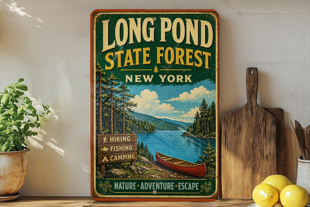 A vintage-style poster advertising Long Pond State Forest in New York, featuring a scenic image of a lake surrounded by pine trees and mountains.