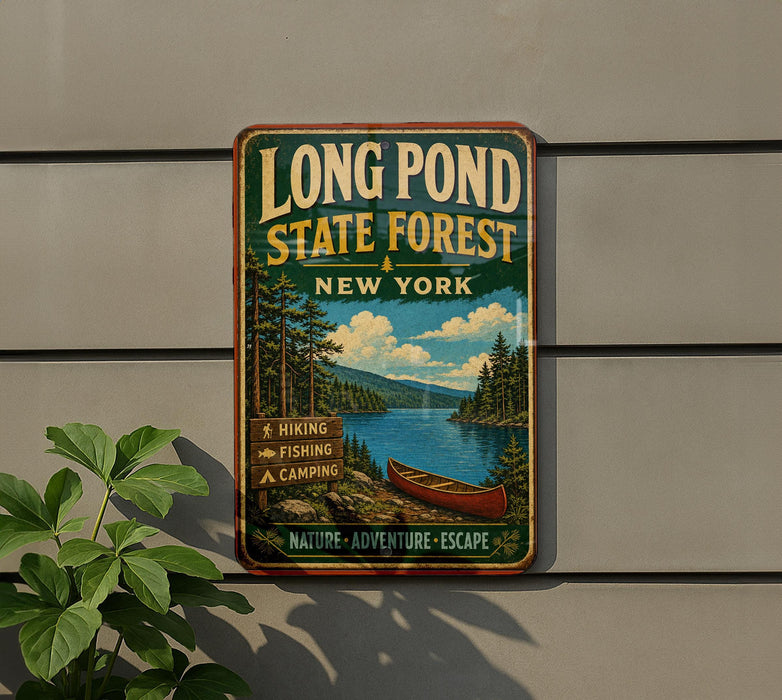 A vintage-style metal sign for Long Pond State Forest in New York, featuring a scenic illustration of a lake, forest, and canoe.