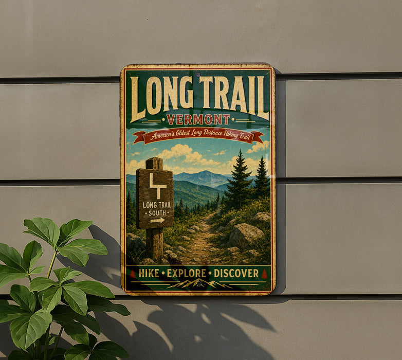 A vintage-style metal sign for the Long Trail in Vermont, featuring a scenic mountain landscape with a trail marker and the text "Long Trail Vermont" and "America's Oldest Long Hiking Trail".