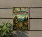 A vintage-style metal sign for the Long Trail in Vermont, featuring a scenic mountain landscape with a trail marker and the text "Long Trail Vermont" and "America's Oldest Long Hiking Trail".
