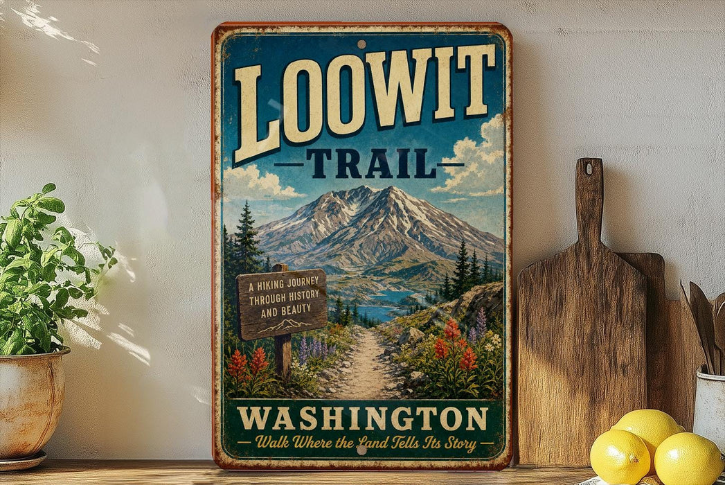 A vintage-style metal sign for the Loowit Trail in Washington, featuring a mountain landscape and a sign that says "A Hiking Journey Through History and Beauty".