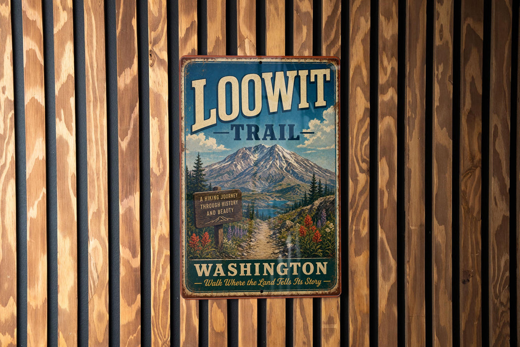 A vintage metal sign for the Loowit Trail in Washington, featuring a mountain landscape and a trail sign.