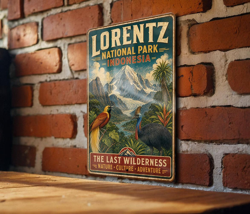 A vintage-style metal sign for the Lorenz National Park in Indonesia, featuring a tropical landscape with a bird and a mountain backdrop.