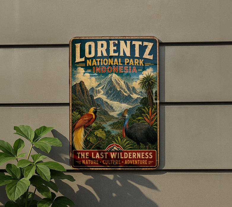 A vintage-style metal sign for Lorenz National Park in Indonesia, featuring a colorful illustration of tropical birds and lush landscapes.
