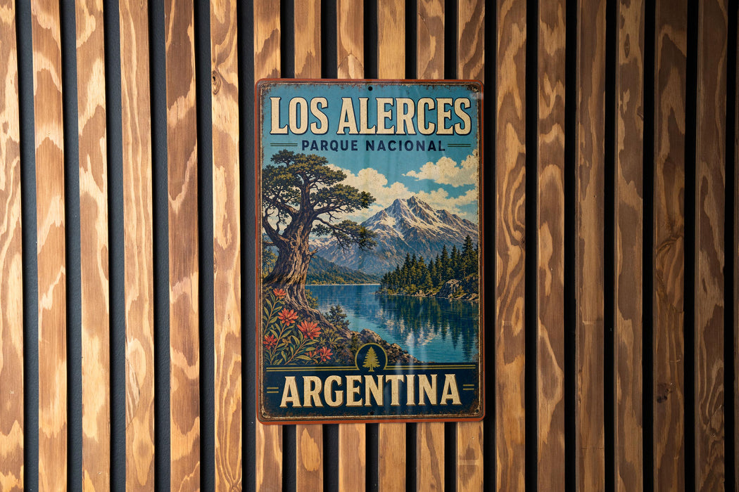 A vintage metal sign with the text "LOS ALERCES PARQUE NACIONAL ARGENTINA" hanging on a wooden wall.