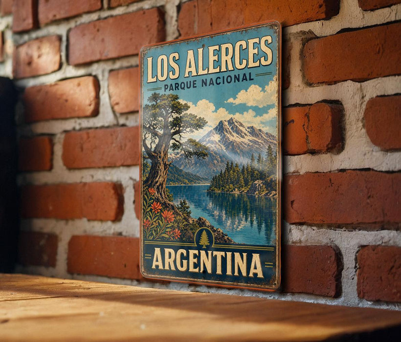 A vintage-style metal sign with a landscape depicting a mountain and lake, mounted on a brick wall.