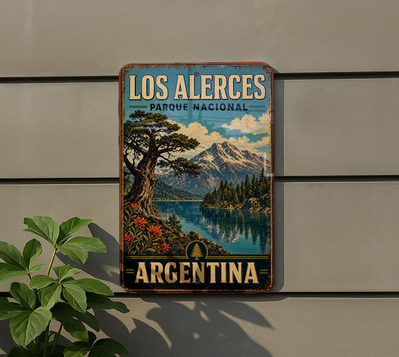 A vintage-style metal sign with the text "LOS ALERCES PARQUE NACIONAL ARGENTINA" and a scenic landscape of mountains, trees, and a lake.