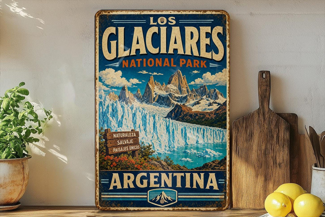 A vintage-style sign for the Los Glaciers National Park in Argentina, featuring a scenic image of the park's natural beauty.
