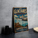 A vintage-style metal sign for the Los Glaciores National Park in Argentina, featuring a scenic mountain landscape.