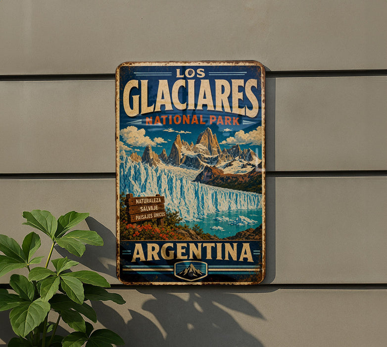 A vintage-style sign for the Los Glaciares National Park in Argentina, featuring a scenic image of the park's natural beauty.