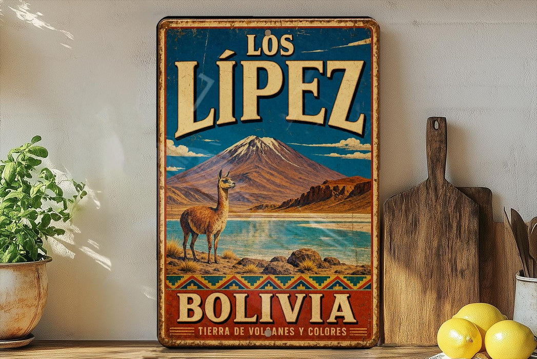 A vintage-style metal sign for "Los Lípez Bolivia" featuring a llama and a mountain landscape.