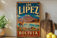 A vintage-style metal sign for "Los Lípez Bolivia" featuring a llama and a mountain landscape.