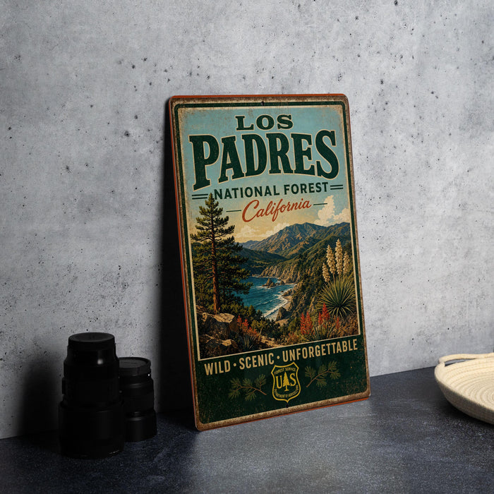 A vintage-style sign for the Los Padres National Forest in California, featuring a scenic landscape with mountains, trees, and a body of water.