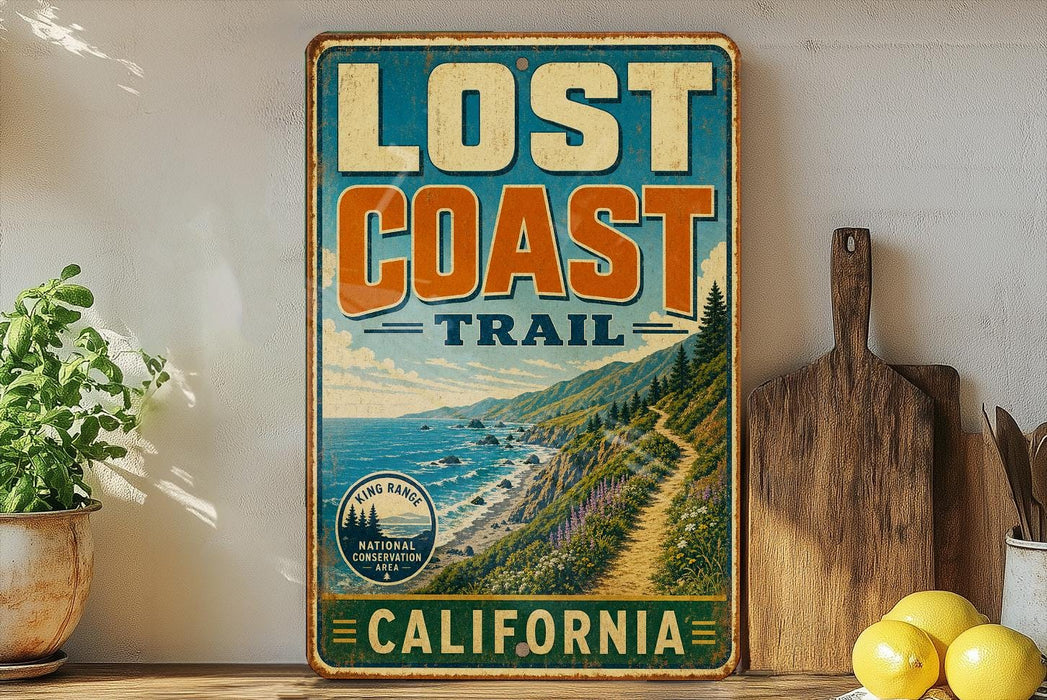 a vintage-style metal sign that reads "Lost Coast Trail" and "California", with a scenic illustration of a coastal landscape.