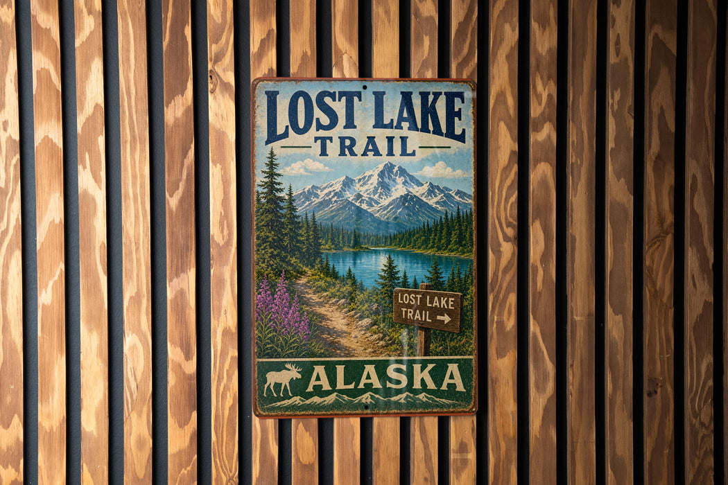 A vintage metal sign for the Lost Lake Trail in Alaska, featuring a scenic mountain landscape with a lake and pine trees.