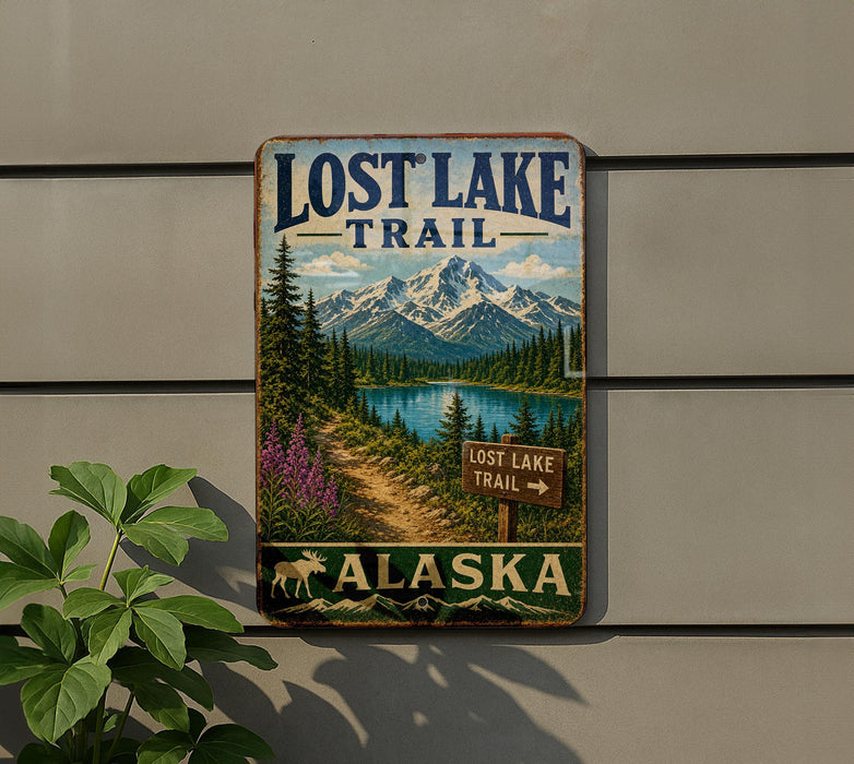 a sign for the Lost Lake Trail in Alaska, with a scenic mountain landscape and a trail sign indicating the trail's name.