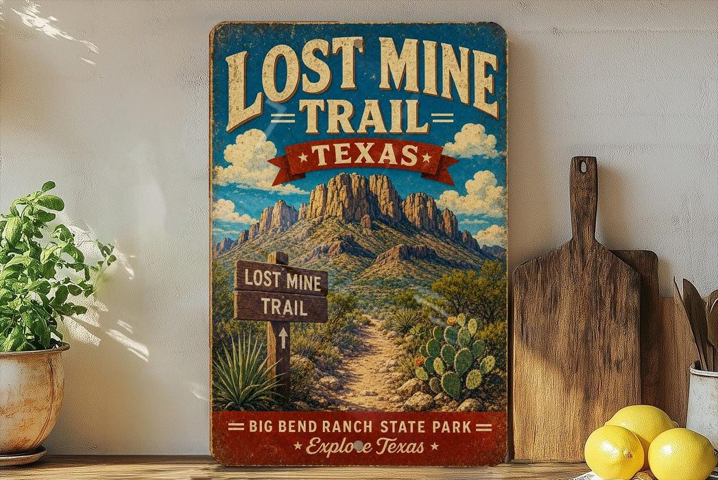 a vintage-style sign for the Lost Mine Trail in Texas, with a mountain landscape and a signpost indicating the trail's name.
