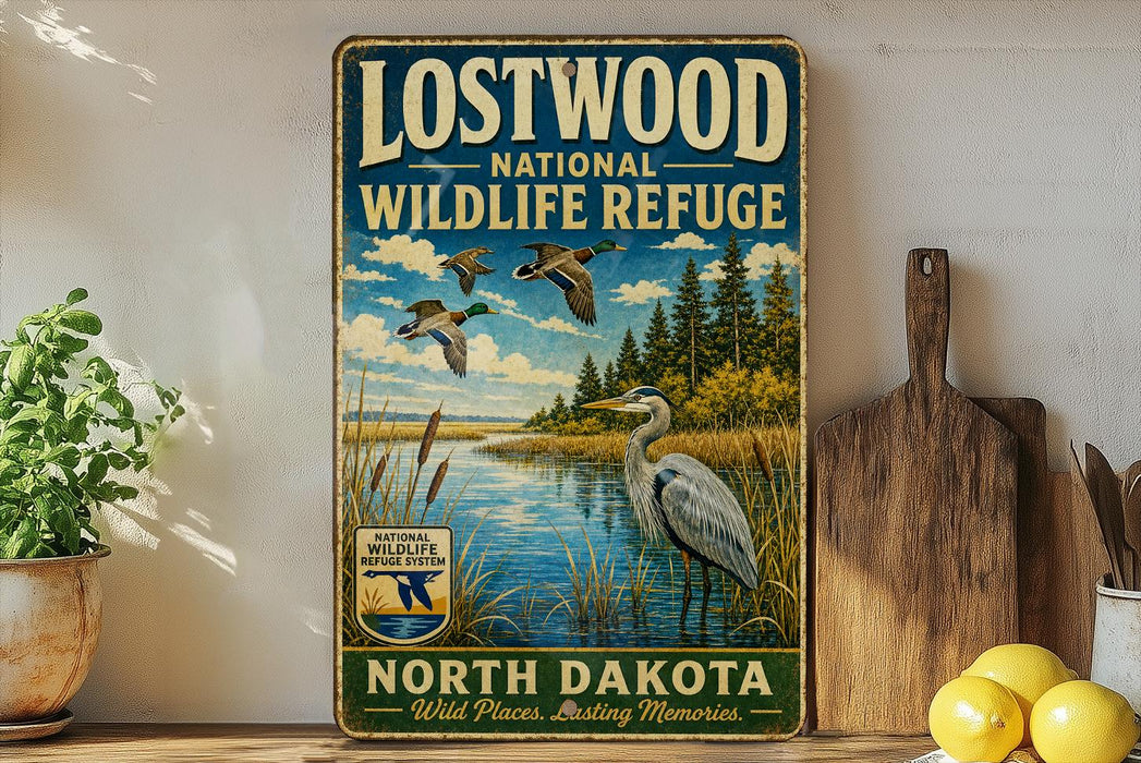 A vintage-style metal sign for Lostwood National Wildlife Refuge in North Dakota, featuring an illustration of ducks and a heron in a natural setting.