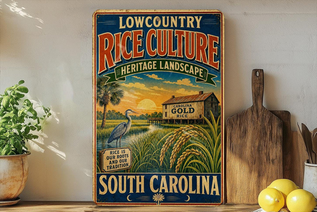 A vintage-style sign advertising Lowcountry Rice Culture, featuring a scenic landscape with a house, palm trees, and a bird, along with text promoting the rice as a product of South Carolina.