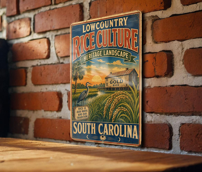 A vintage-style sign for Lowcountry Rice Culture, featuring a rural landscape with a house, barn, and rice field.