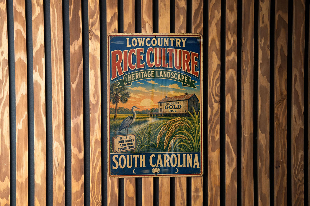 A vintage advertisement for rice culture in South Carolina, featuring a scenic landscape with a house and palm trees.