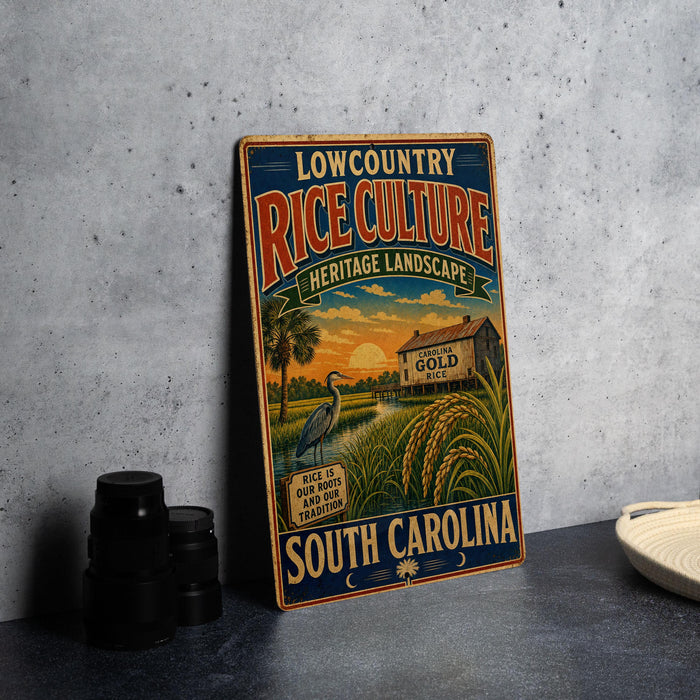 A vintage-style sign advertising Lowcountry Rice Culture, featuring a scenic landscape with a house, palm trees, and a bird.