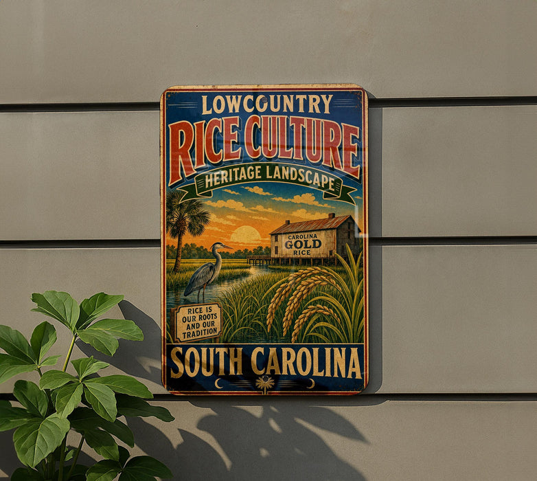 A vintage-style sign advertising "Lowcountry Rice Culture Heritage Landscape" in South Carolina, featuring a scenic landscape with a house, palm trees, and rice fields.