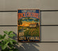 A vintage-style sign advertising "Lowcountry Rice Culture Heritage Landscape" in South Carolina, featuring a scenic landscape with a house, palm trees, and rice fields.
