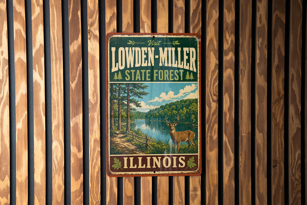 A vintage metal sign for Lowden-Miller State Forest in Illinois, featuring a scenic illustration of a deer in the foreground with a forest landscape in the background.