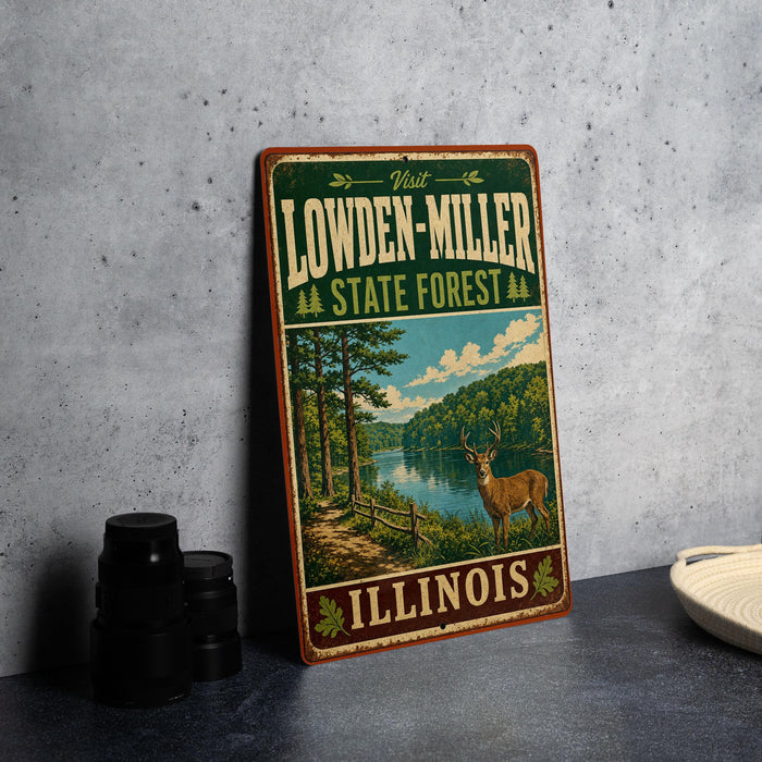 A vintage-style metal sign for Lowden-Miller State Forest in Illinois, featuring a scenic illustration of a deer in the foreground and a forest landscape in the background.