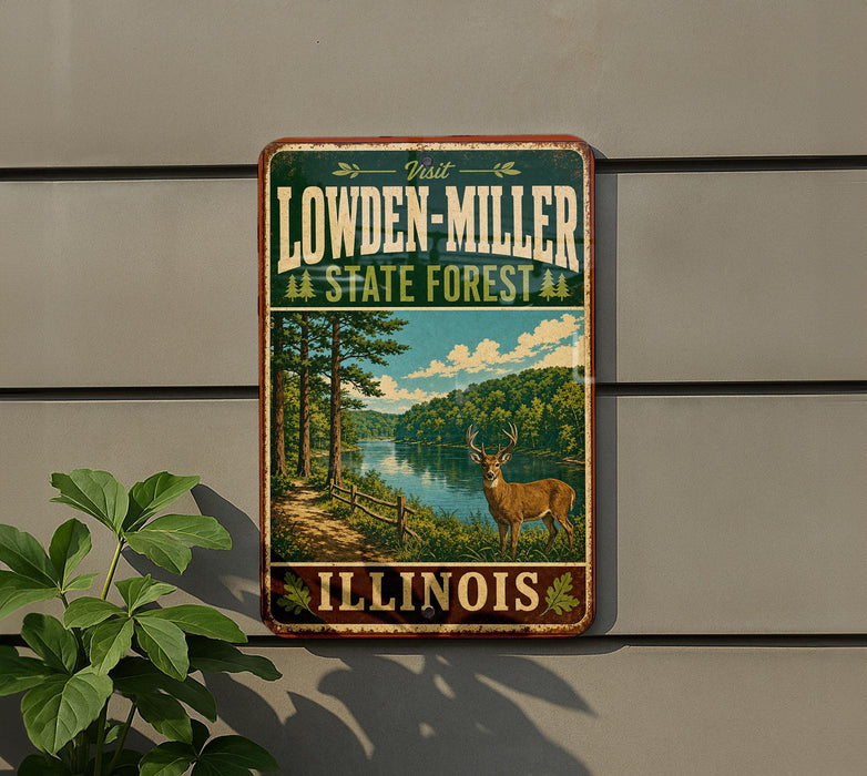 A vintage-style sign for Lowden-Miller State Forest in Illinois, featuring a scenic landscape with a deer in the foreground.