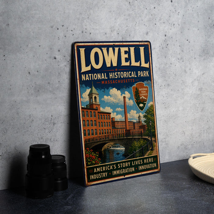 A vintage metal sign for Lowell National Historical Park in Massachusetts, featuring an illustration of the park's buildings and a river.