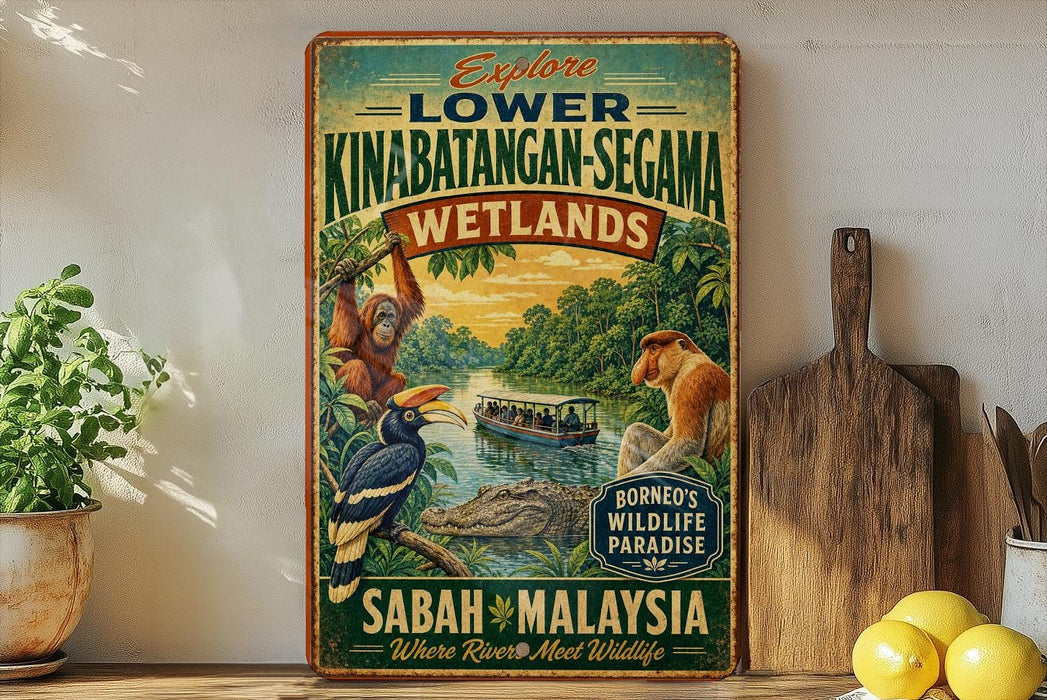 a vintage-style travel poster advertising the Kinabatangan- Segama Wetlands in Sabah, Malaysia, with an illustration of an orangutan, a boat, and a crocodile.