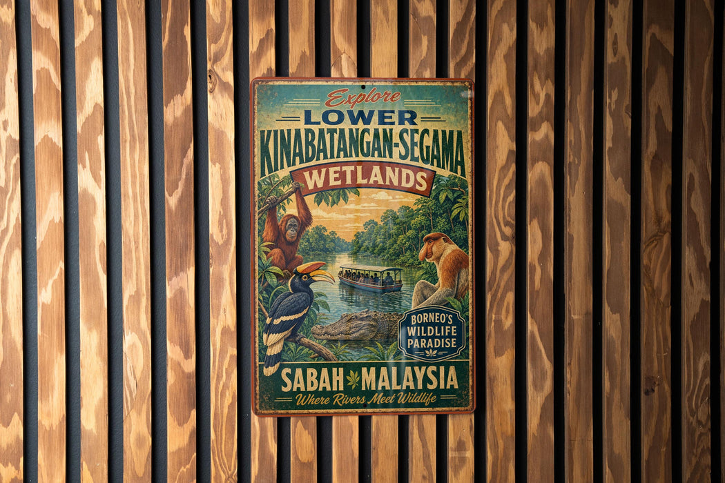 a vintage metal sign advertising a wildlife reserve, specifically the Kinabatangan- Segama Wetlands, in Sabah, Malaysia.