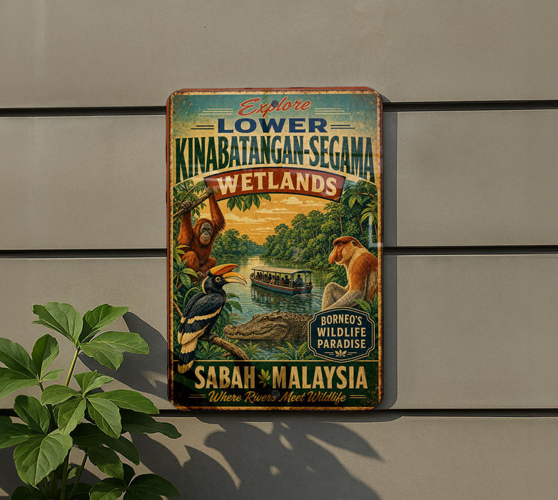 a vintage-style metal sign advertising a wildlife reserve, specifically the Kinabatangan- Segama Wetlands, in Sabah, Malaysia.