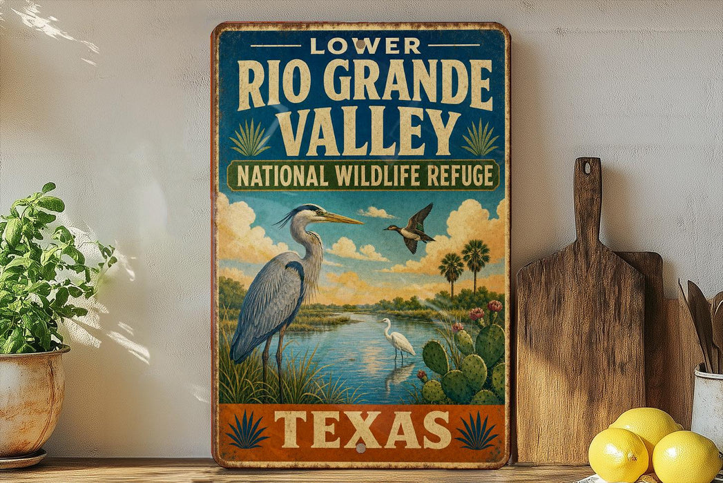 A vintage-style sign for the Lower Rio Grande Valley National Wildlife Refuge in Texas, featuring an illustration of a heron and other wildlife in a natural setting.