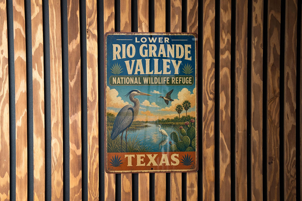 A vintage-style metal sign for the Lower Rio Grande Valley National Wildlife Refuge in Texas, featuring an illustration of a heron and other wildlife in a natural setting.