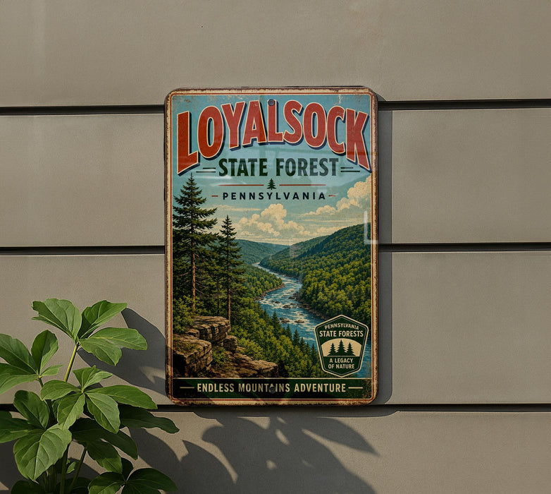 A vintage-style metal sign for the Loyalsock State Forest in Pennsylvania, featuring a scenic mountain landscape with a river and pine trees.