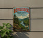 A vintage-style metal sign for the Loyalsock State Forest in Pennsylvania, featuring a scenic mountain landscape with a river and pine trees.