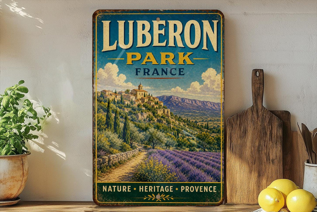 A vintage-style metal sign for Lubberon Park, France, featuring a scenic landscape with a castle, mountains, and lavender fields.