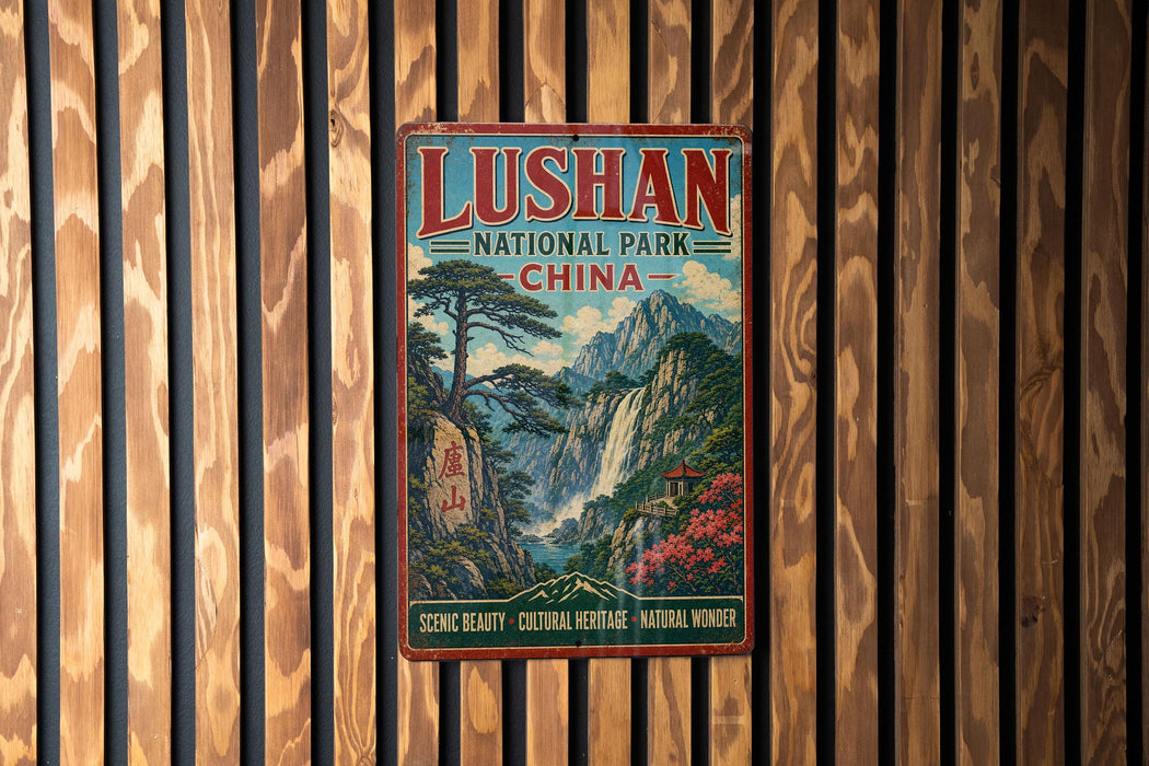 A vintage-style sign for Lushan National Park in China, featuring a scenic landscape with mountains, trees, and a waterfall.